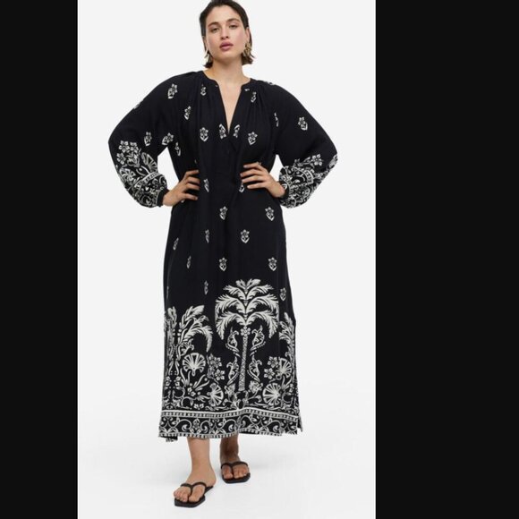 H&M Tropical Black White Kaftan Maxi Dress Size XXL Beach Vacation Boho Oversize - Picture 1 of 13